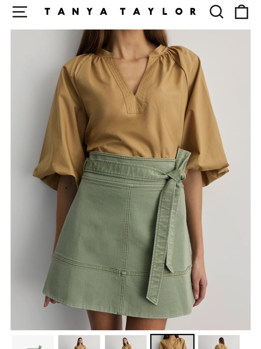 Tanya Taylor Sage Green Tie-Waist Mini Skirt